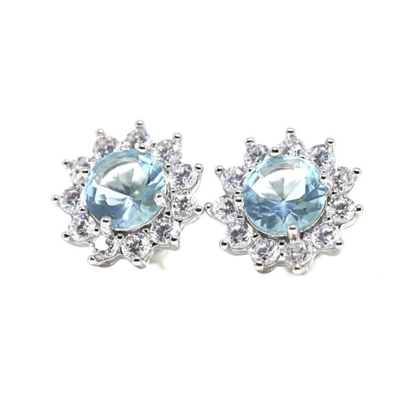 18k Gold Dipped Halo Blue Aqua Topaz Earring Studs - Picture 8 of 9